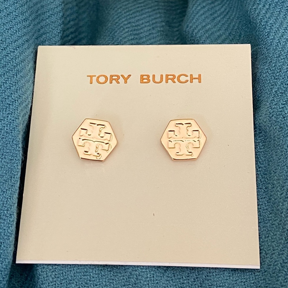 Tory Burch Hexagon Gold Logo Earrings